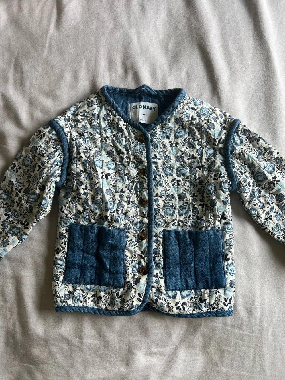 Old Navy Blue Floral Quilted Kids Jacket with Denim Trim